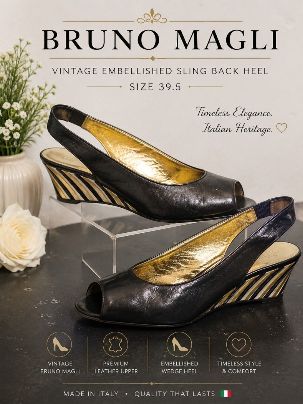 BRUNO MAGLI 39.5 Vintage Embellished Sling Back Heel